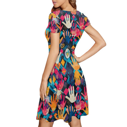 Women Scoop Neck Short Sleeve Ruffle Dress