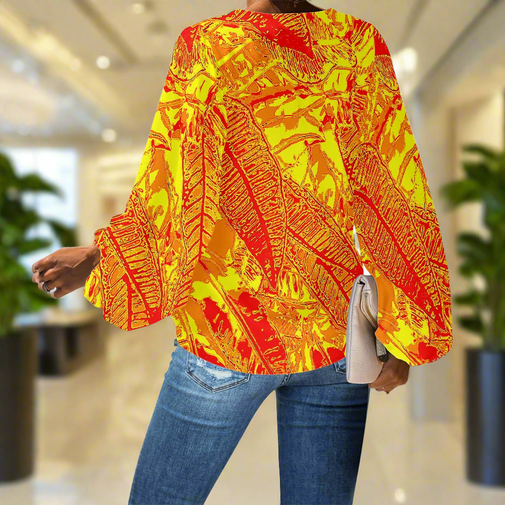 Vibrant Orange Croton V-Neck Chiffon Puff Sleeve Blouse by Luxtrini