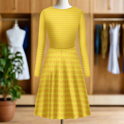 African | Ethnic | Mudcloth | #14 Yellow Women V-Neck Long Sleeve Ruffle Dress