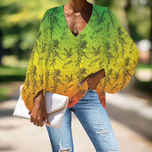 Rasta 420 V-Neck Chiffon Puff Sleeve Blouse by Luxtrini