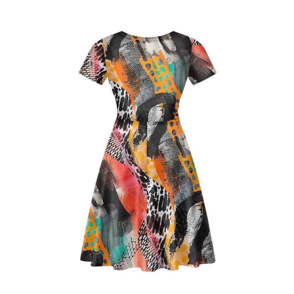 Abstract Animal Skin Women V-Neck Short Sleeve Ruffle Dress