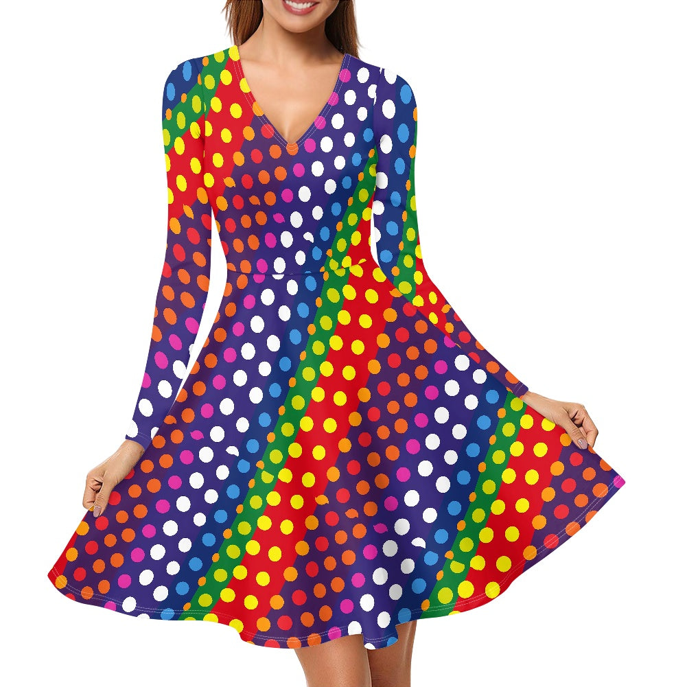 LGBTQ-Friendly Rainbow Polka Dot V-Neck Long Sleeve Ruffle Dress by Luxtrini
