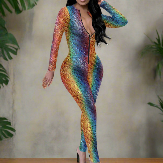 Unique Ostrich Skin pattern Rainbow Pride Women's Plunging Neck Jumpsuit