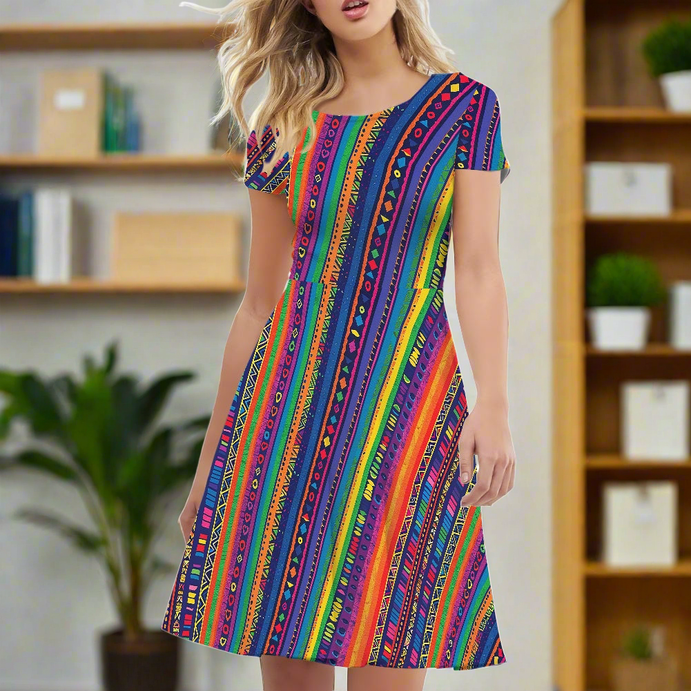 Luxtrini Womens Scoop Neck Short Sleeve Ruffle Dress with Ethnic Patterns and Rainbow Accents - Custom Handmade, Versatile and Stylish