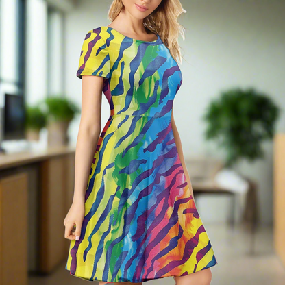 Luxtrini Rainbow Animal Print Womens Scoop Neck Short Sleeve Ruffle Dress - Vibrant, Custom Handmade, Perfect for All Occasions