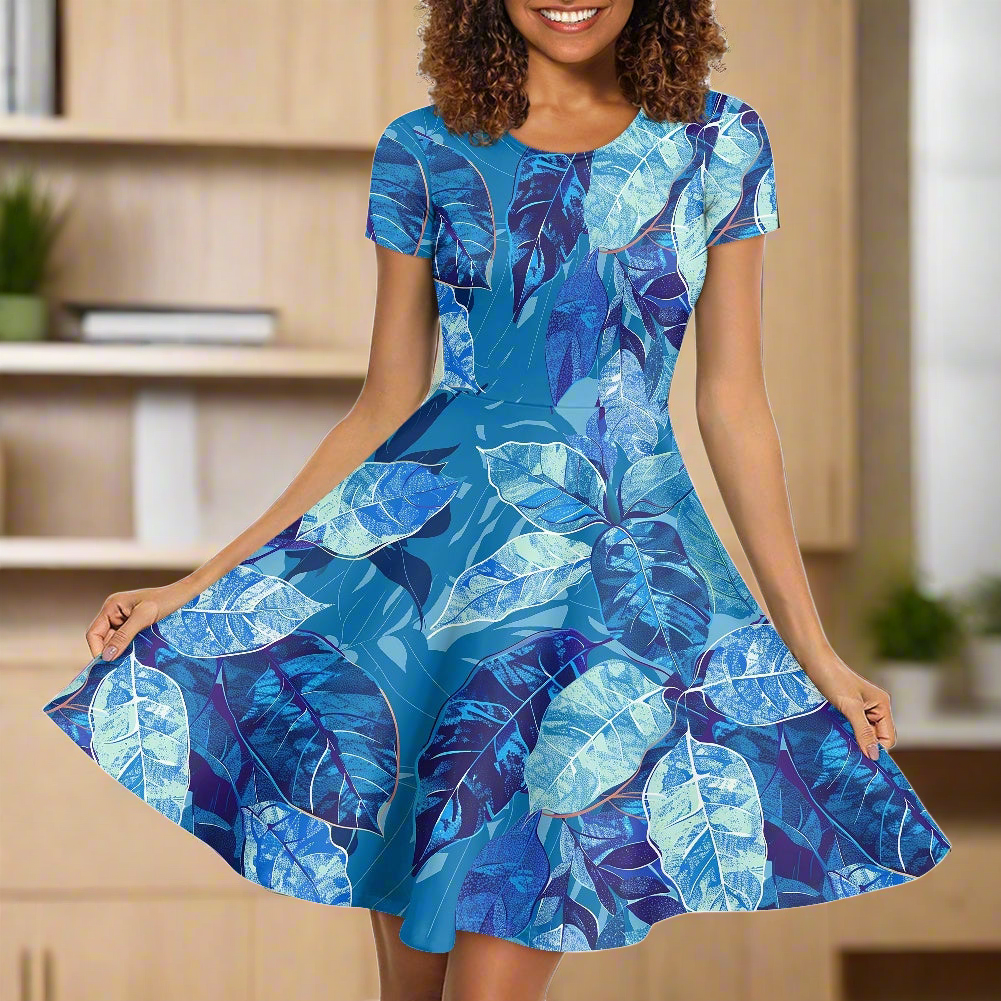 Luxtrini Womens Scoop Neck Short Sleeve Ruffle Dress with Nature-Inspired Ethnic Patterns - Custom Handmade, Versatile for All Occasions