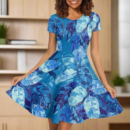 Luxtrini Womens Scoop Neck Short Sleeve Ruffle Dress with Nature-Inspired Ethnic Patterns - Custom Handmade, Versatile for All Occasions