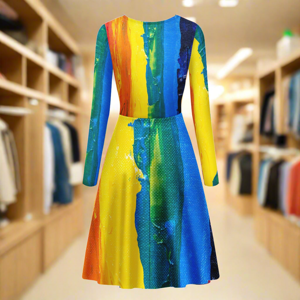 Rainbow Painting Women V-Neck Long Sleeve Ruffle Dress