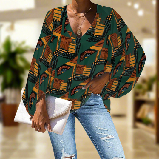African-Inspired Geometric Print V-Neck Chiffon Puff Sleeve Blouse by Luxtrini