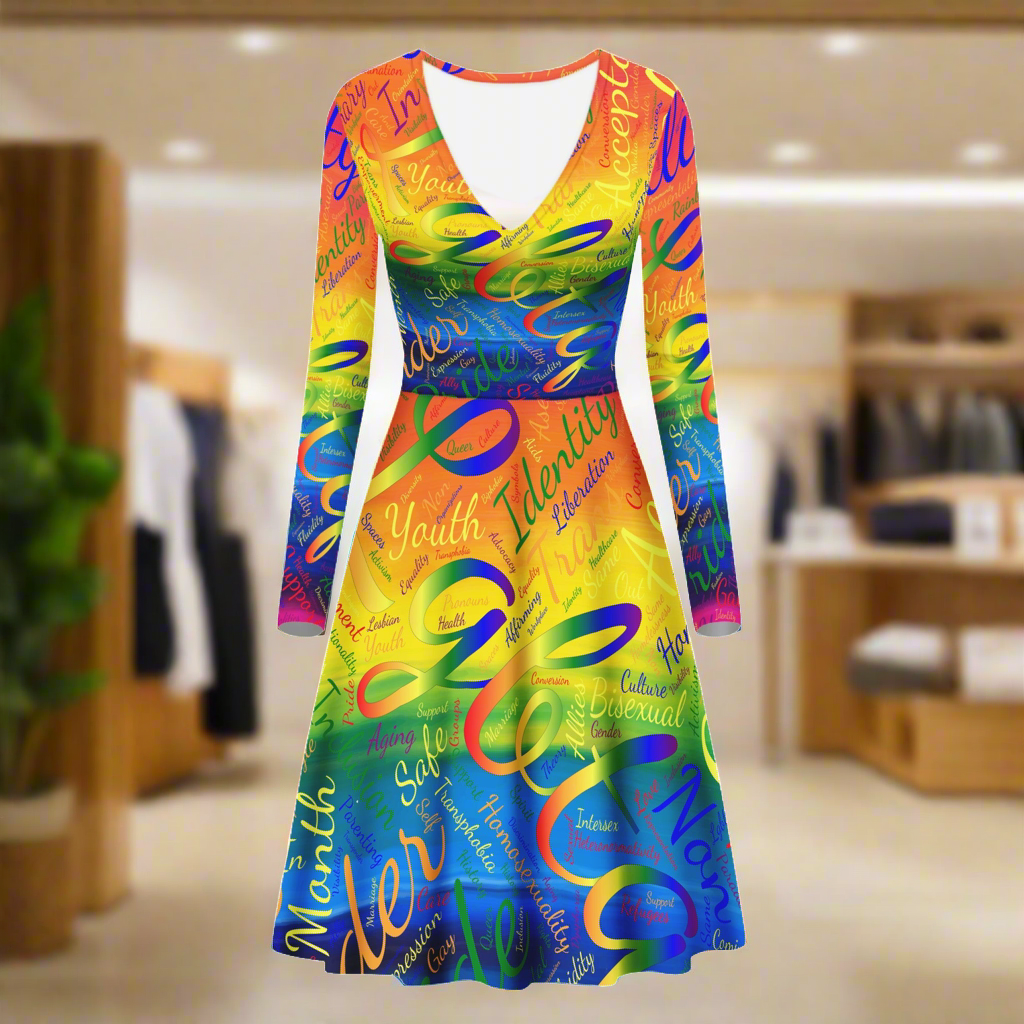 LGBTQ Word Cloud Women V-Neck Long Sleeve Ruffle Dress