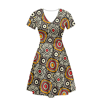 African Kente Pattern Women V-Neck Short Sleeve Ruffle Dress 4XL