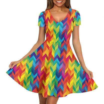 Rainbow Chevron Women V-Neck Short Sleeve Ruffle Dress