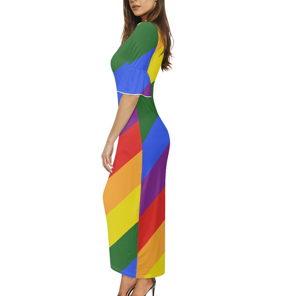 Rainbow Stylish Scoop Neck Ankle-Length Dress with Unique Ruffled Sleeves for Women