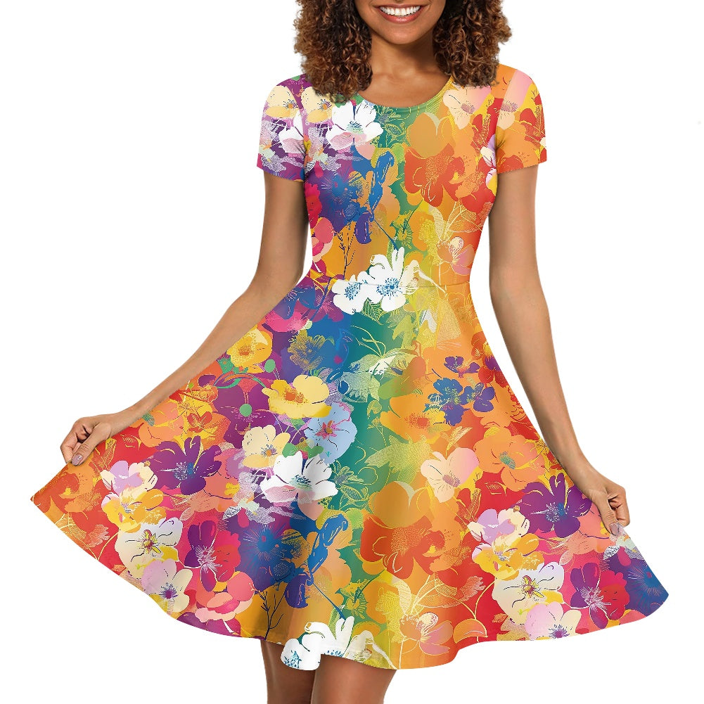 Women Scoop Neck Short Sleeve Ruffle Dress