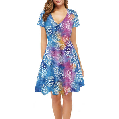 Blue and Purple Leaves Women V-Neck Short Sleeve Ruffle Dress