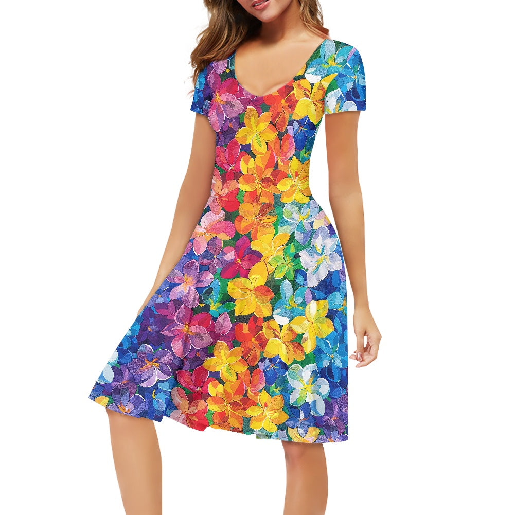 Rainbow Flowers Women V-Neck Short Sleeve Ruffle Dress