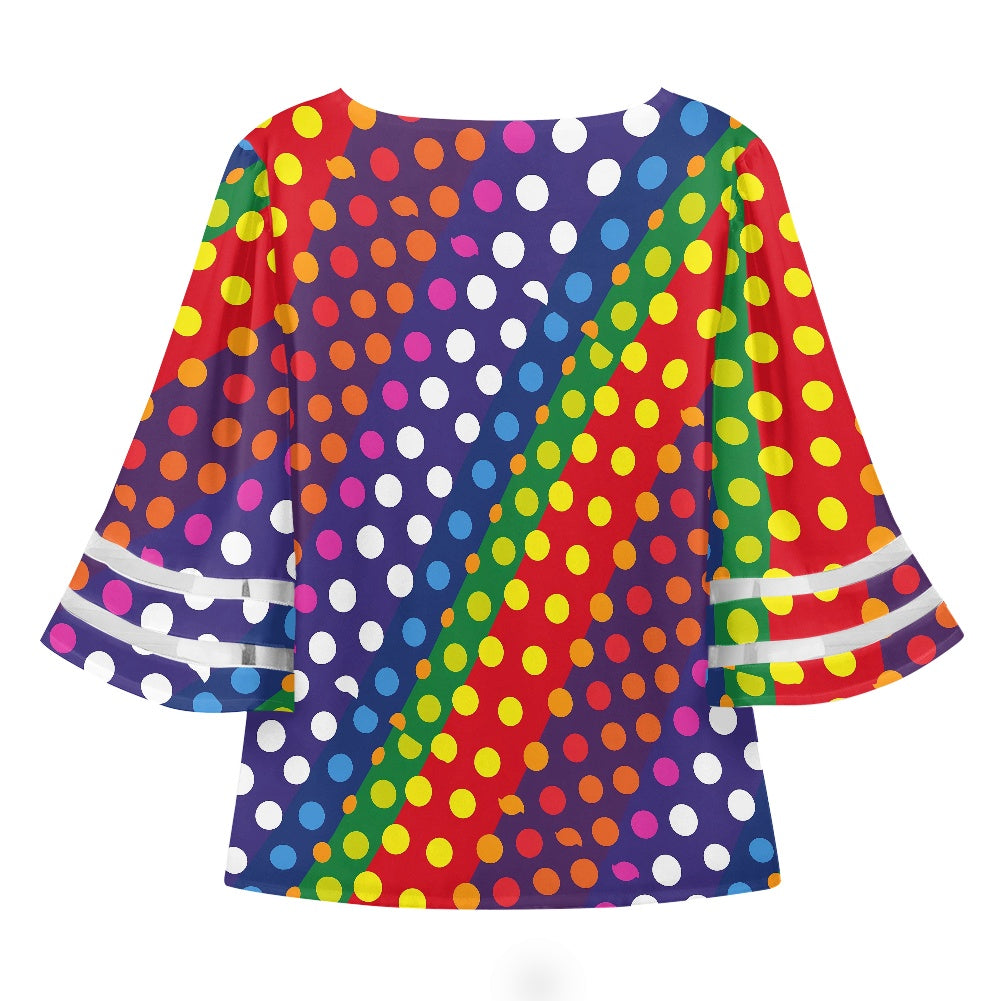 LGBTQ-Friendly Rainbow Polka Dot V-Neck Women Puff Sleeve Blouse by Luxtrini