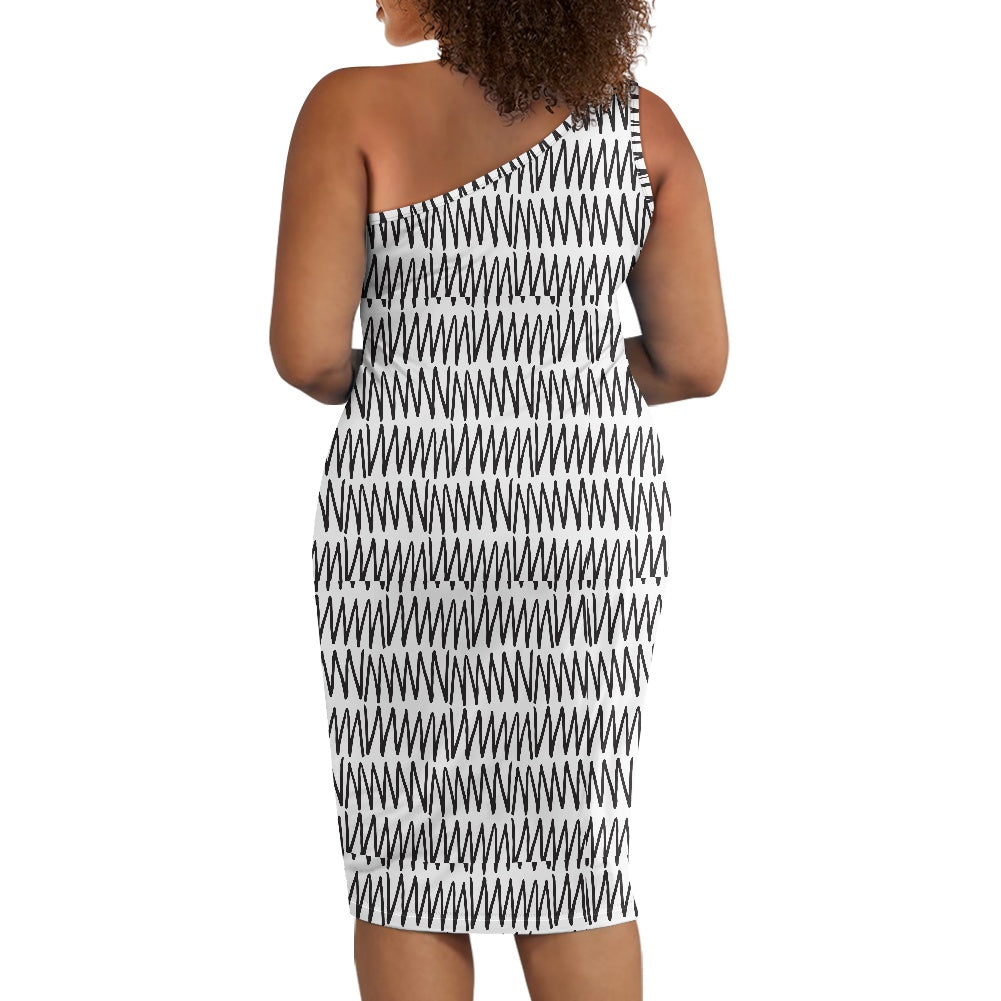 Discover Elegance: Luxtrini's One-Shoulder Slim Dress - African B&W Ethnic
