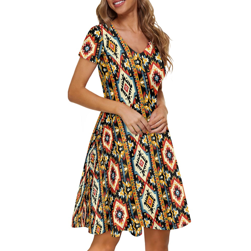Women V-Neck Short Sleeve Ruffle Dress