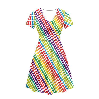 Rainbow Polka Dots Women V-Neck Short Sleeve Ruffle Dress white