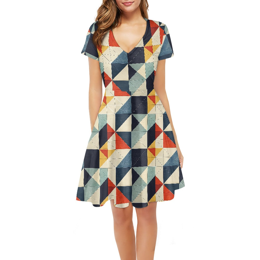 Women V-Neck Short Sleeve Ruffle Dress