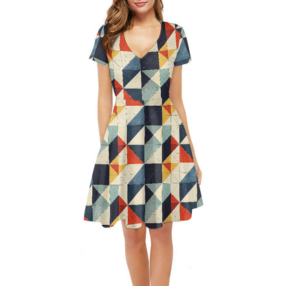 Women V-Neck Short Sleeve Ruffle Dress