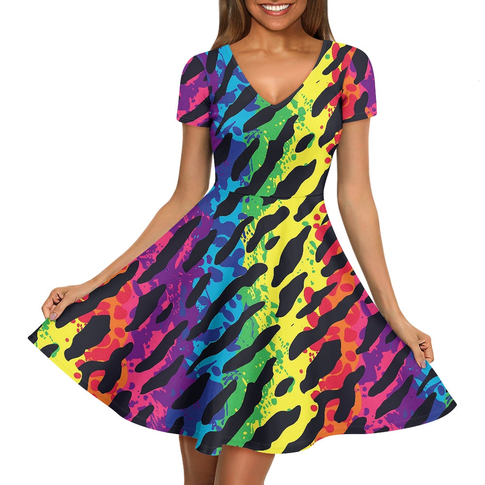 Animal Print Women V-Neck Short Sleeve Ruffle Dress