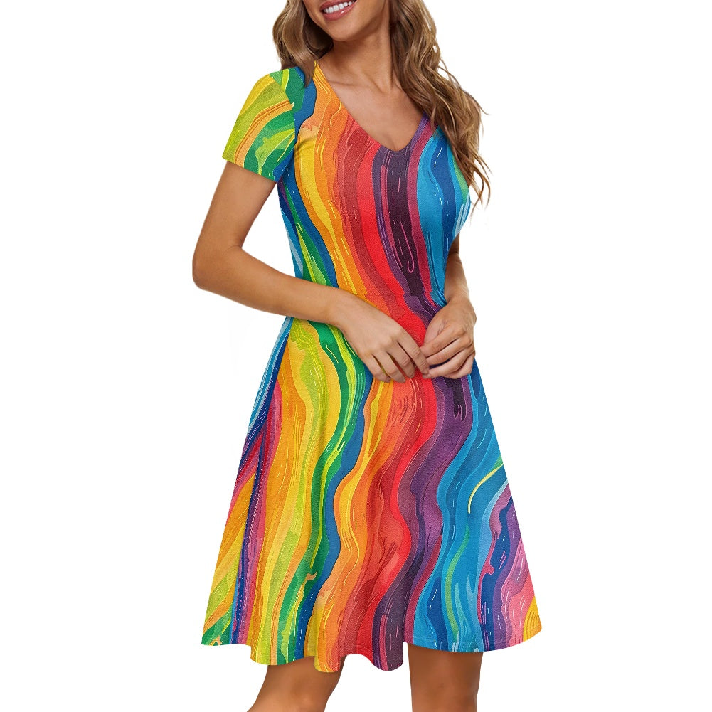 Rainbow Women V-Neck Short Sleeve Ruffle Dress