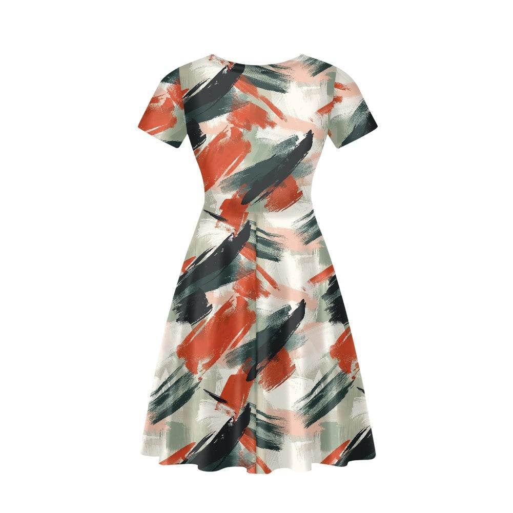 Abstract Painting Women V-Neck Short Sleeve Ruffle Dress