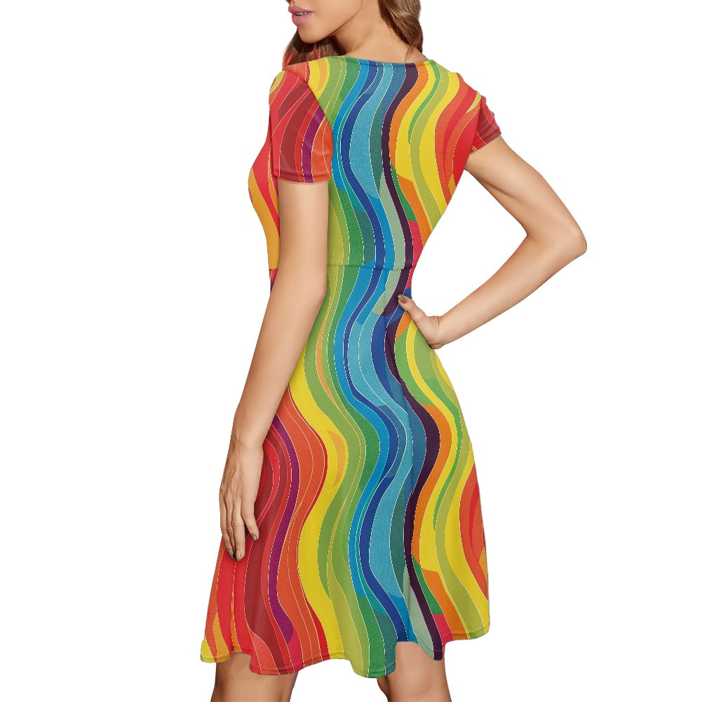 Women Scoop Neck Short Sleeve Ruffle Dress