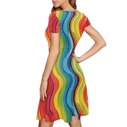Women Scoop Neck Short Sleeve Ruffle Dress