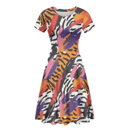 Animal Print Multicolor Women Scoop Neck Short Sleeve Ruffle Dress white