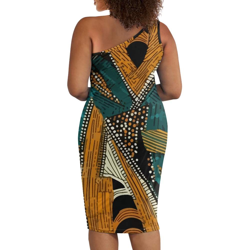 Discover Elegance: Luxtrini's One-Shoulder Slim Dress - Ethnic Green & Orange