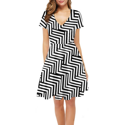 Black and White Chevrons Women V-Neck Short Sleeve Ruffle Dress