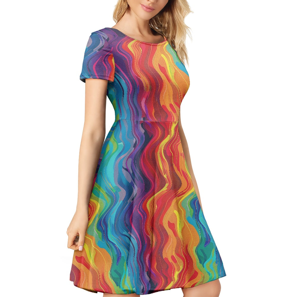 Women Scoop Neck Short Sleeve Ruffle Dress