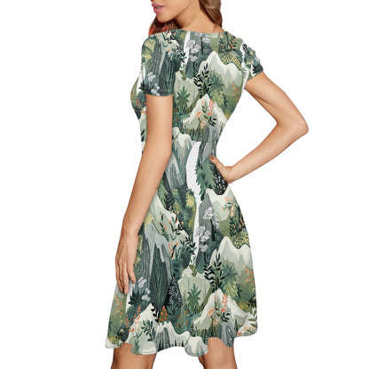 Women Scoop Neck Short Sleeve Ruffle Dress