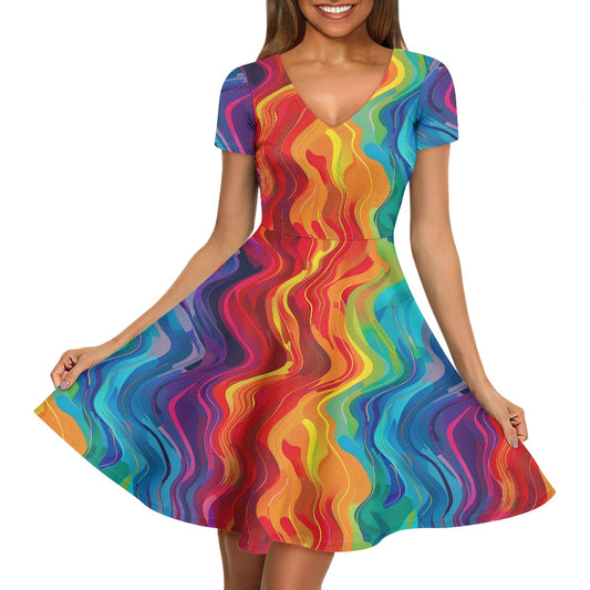 Women V-Neck Short Sleeve Ruffle Dress