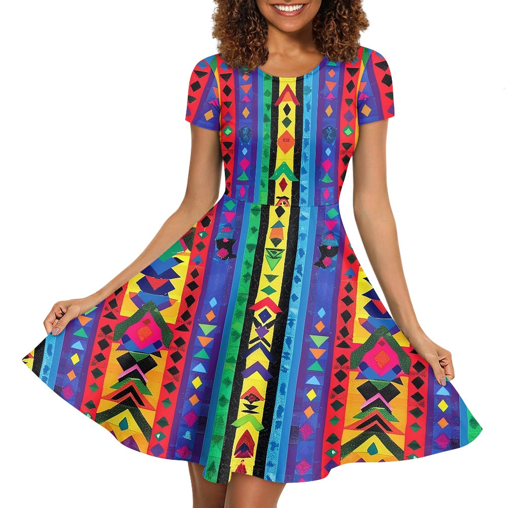 Women Scoop Neck Short Sleeve Ruffle Dress