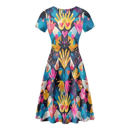 Women Scoop Neck Short Sleeve Ruffle Dress