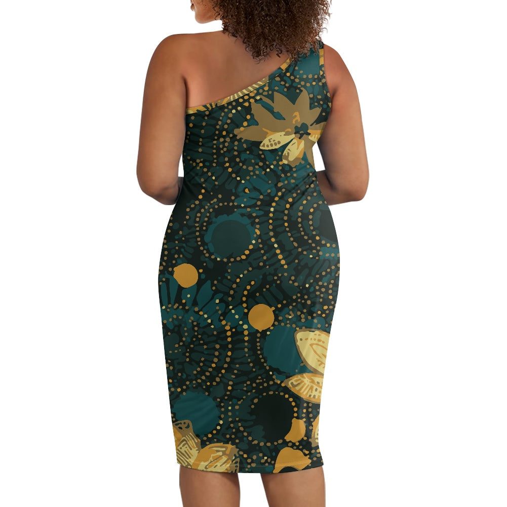 Discover Elegance: Luxtrini's One-Shoulder Slim Dress - Green & Gold