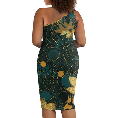 Discover Elegance: Luxtrini's One-Shoulder Slim Dress - Green & Gold