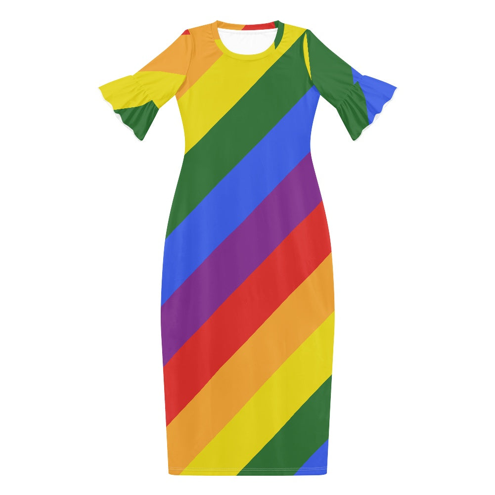 Rainbow Stylish Scoop Neck Ankle-Length Dress with Unique Ruffled Sleeves for Women