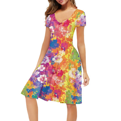 Women V-Neck Short Sleeve Ruffle Dress