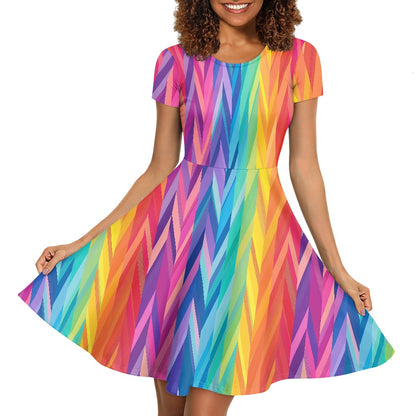 Rainbow Chevron Women Scoop Neck Short Sleeve Ruffle Dress