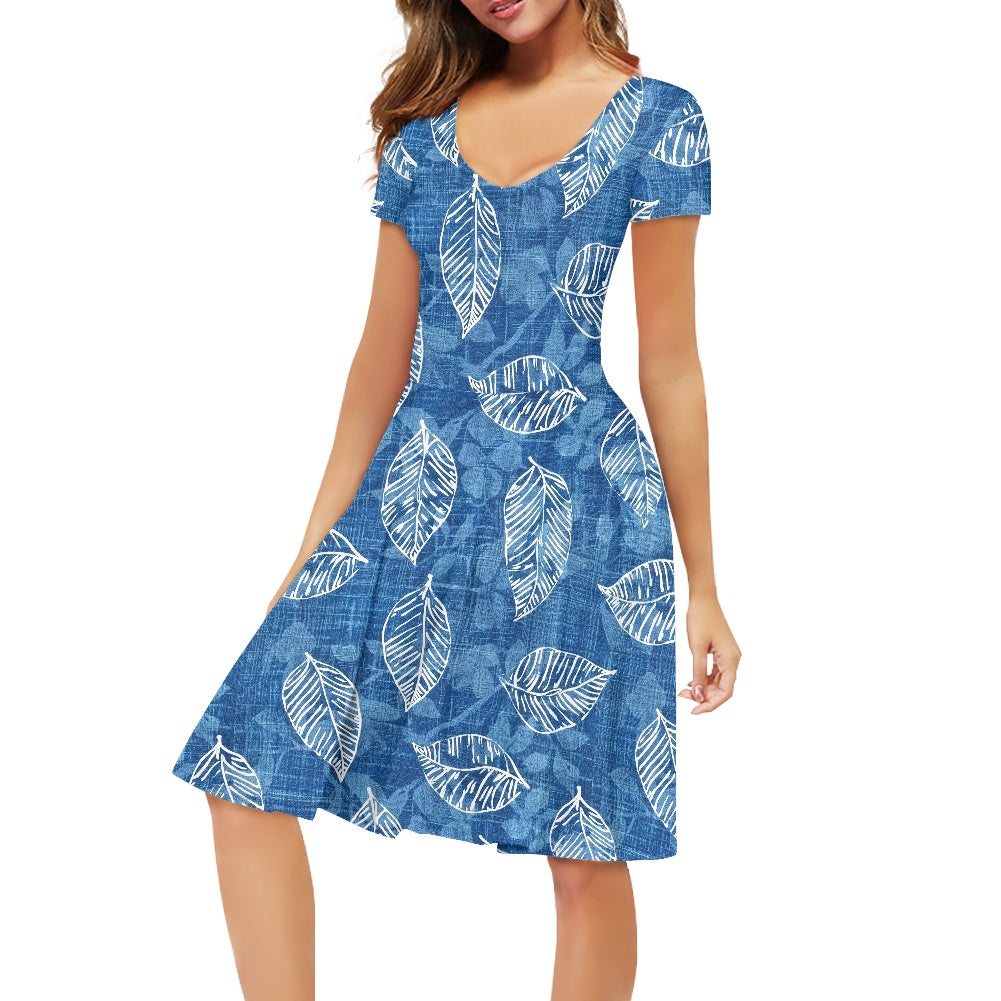 Blue Leaves Women V-Neck Short Sleeve Ruffle Dress