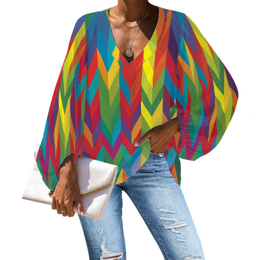 V-Neck Chiffon Puff Sleeve Blouse by Luxtrini