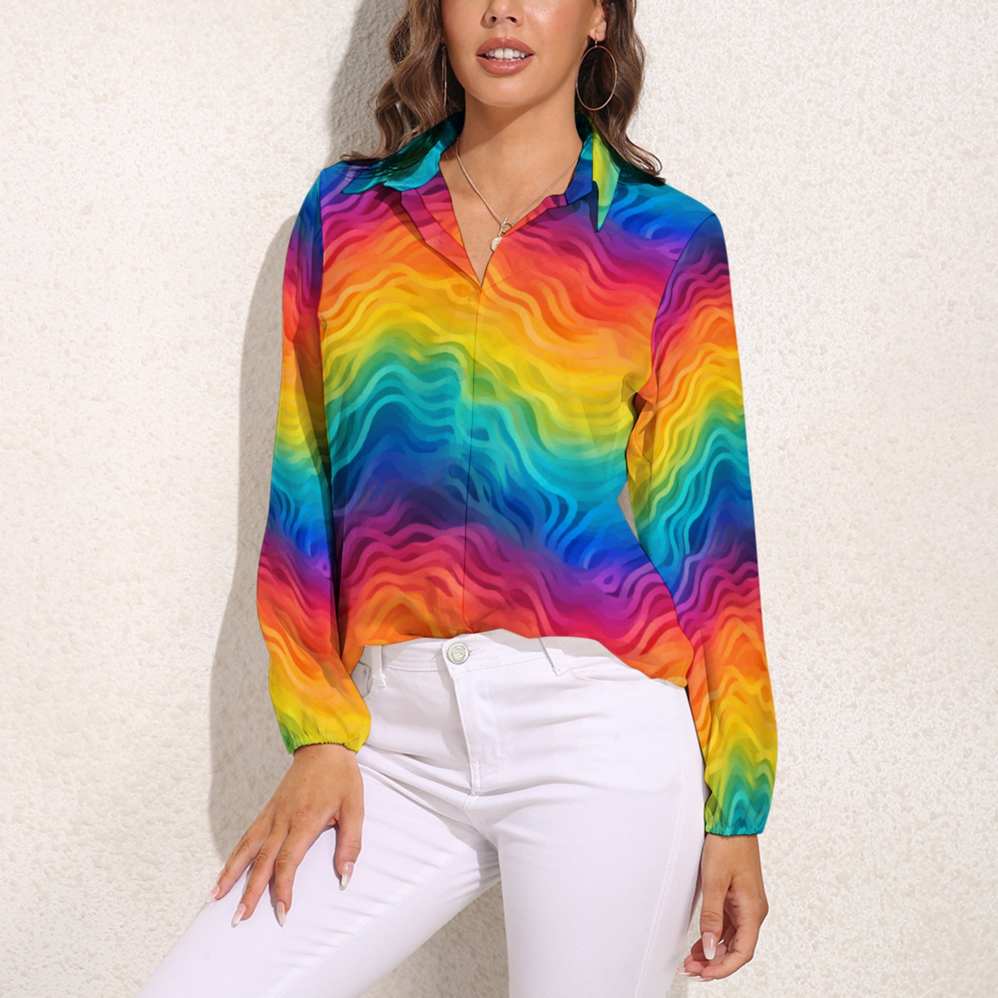 Rainbow Long Sleeve Blouse – Colorful V-Neck Button Down for Women, Pride Top, Lightweight Retro Shirt, Festival Ready