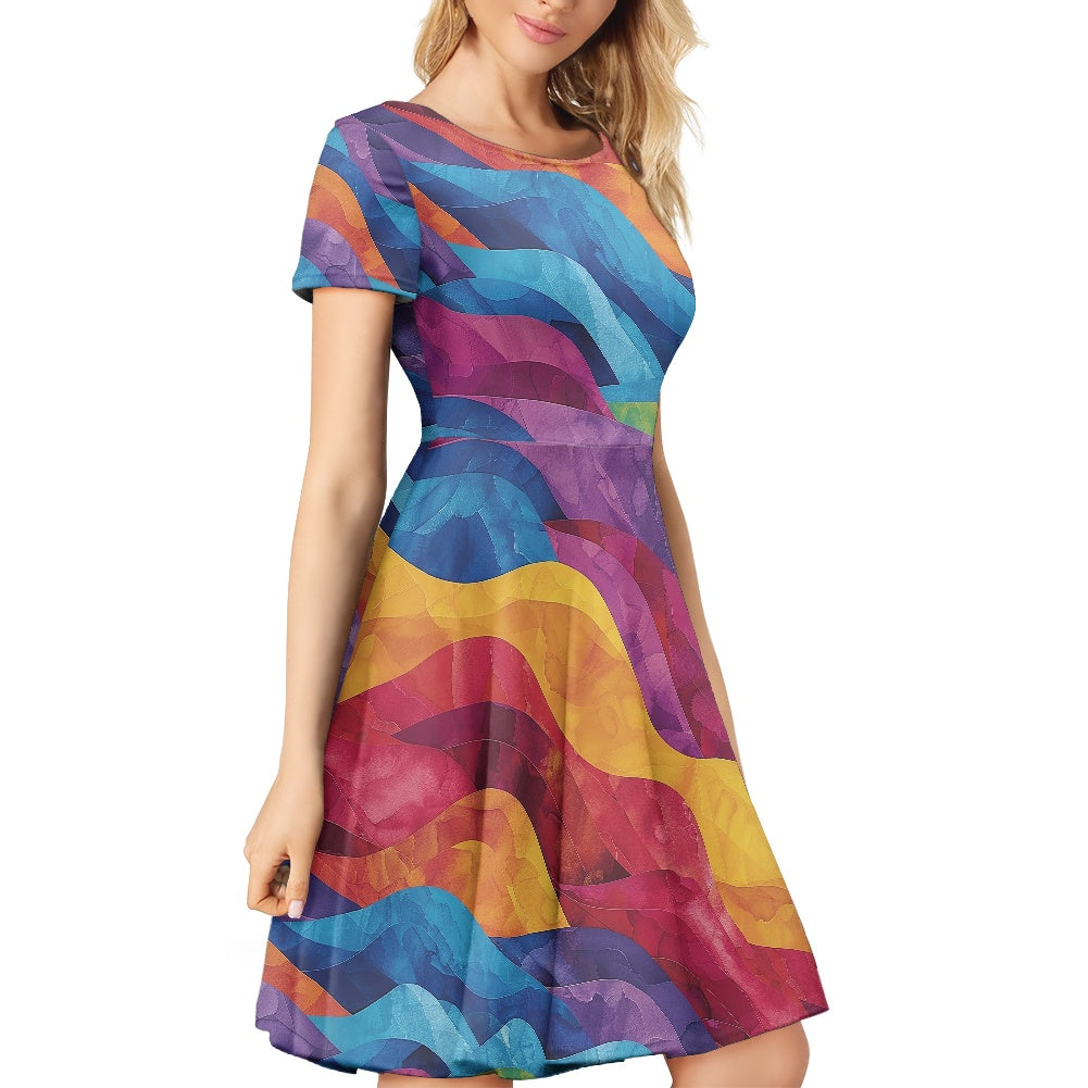 Women Scoop Neck Short Sleeve Ruffle Dress