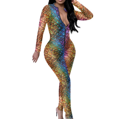 Unique Alligator Skin pattern Rainbow Pride Women's Plunging Neck Jumpsuit 4XL