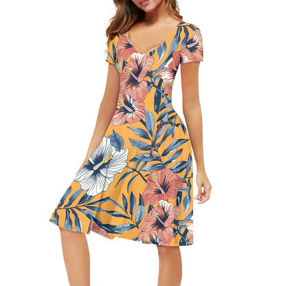 Women V-Neck Short Sleeve Ruffle Dress